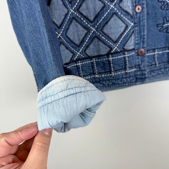 Sara Studio Jacket Women Sz M Blue Denim Embroidered Button Front Patchwork Boho - Picture 6 of 9